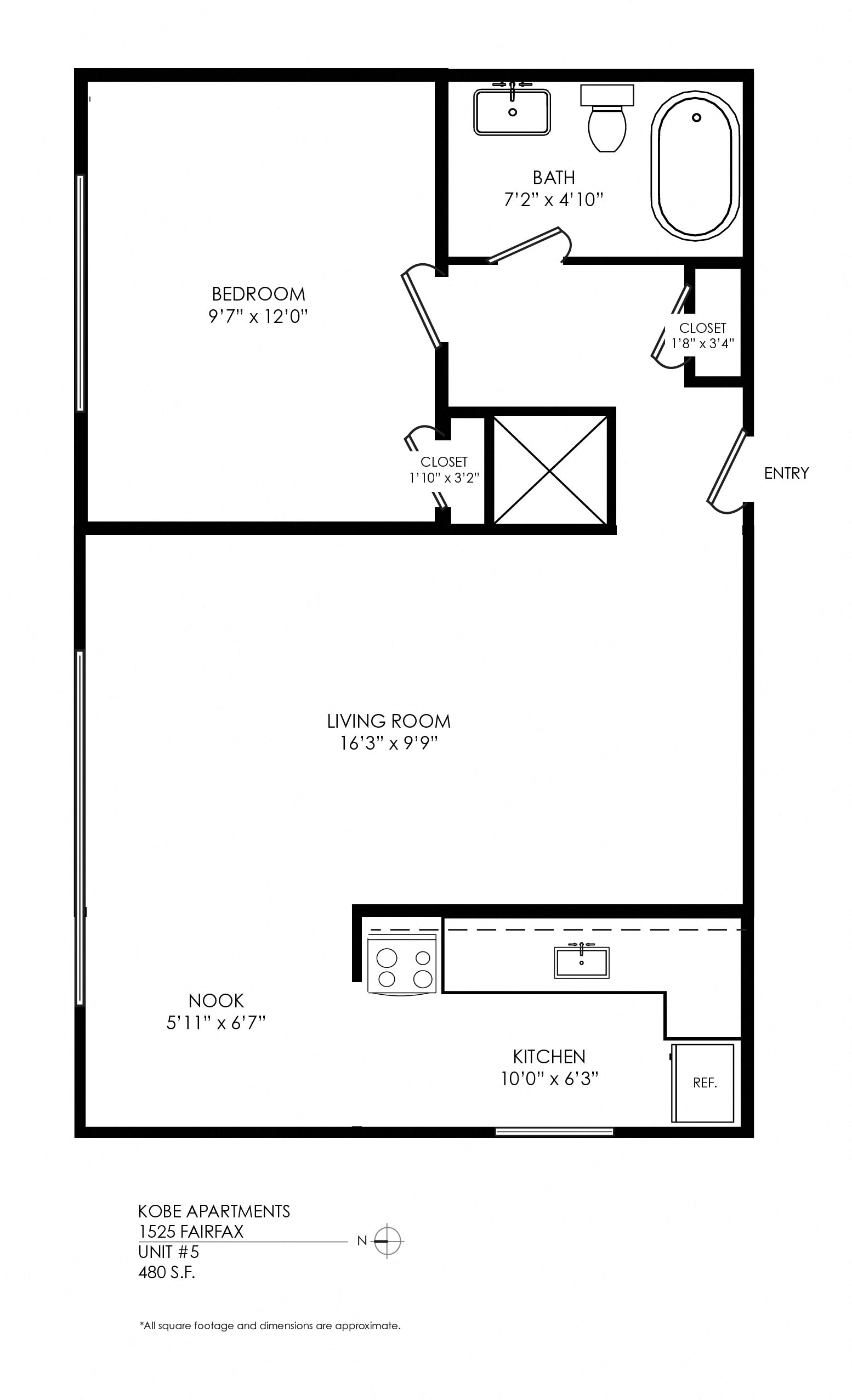 Floor plan for 1 bed, 1 bath, 550 sqft